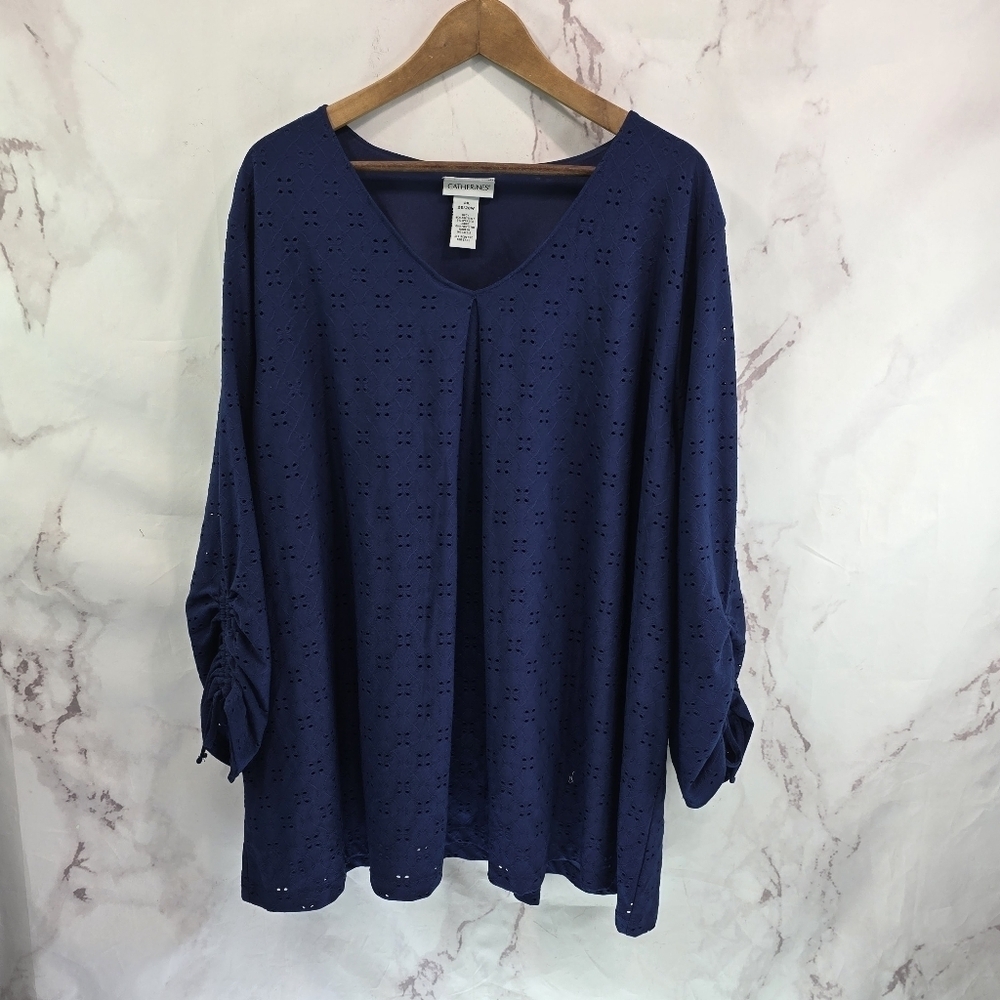 Catherines Shirt Womens 3X 26 28 Navy Blue Blouse Ruched Crochet Eyelet